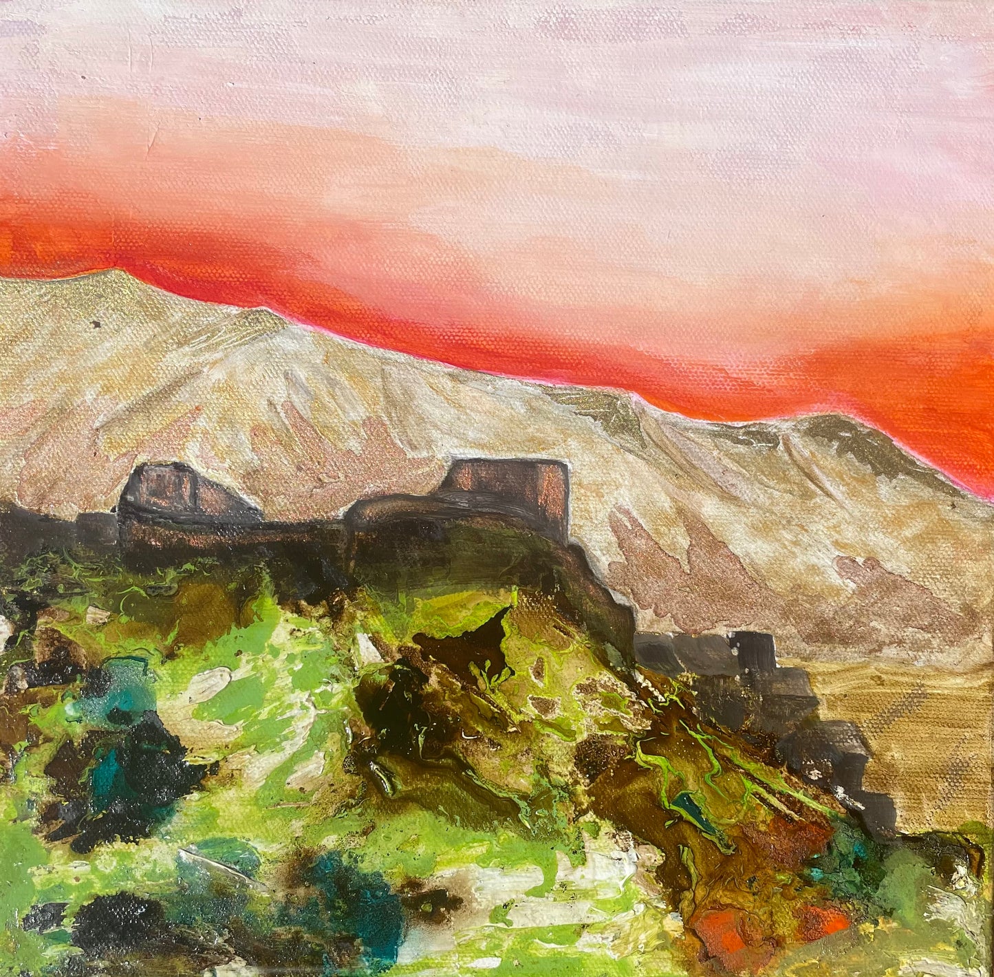 Abstract painting of the Sleeping Lady Mountain in Guardia Sanframondi with a landscape of mountains and green foreground