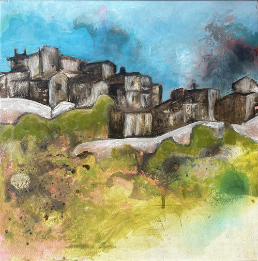Artistic depiction of the Guardia Sanframondi village with greenery and a blue sky.