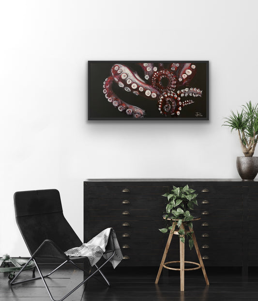 Octopus gracefully comes to life from the mysterious depths. The vibrant colours on display contrast with her ability to merge with her environment. The artwork is displayed at Windsor Gallery