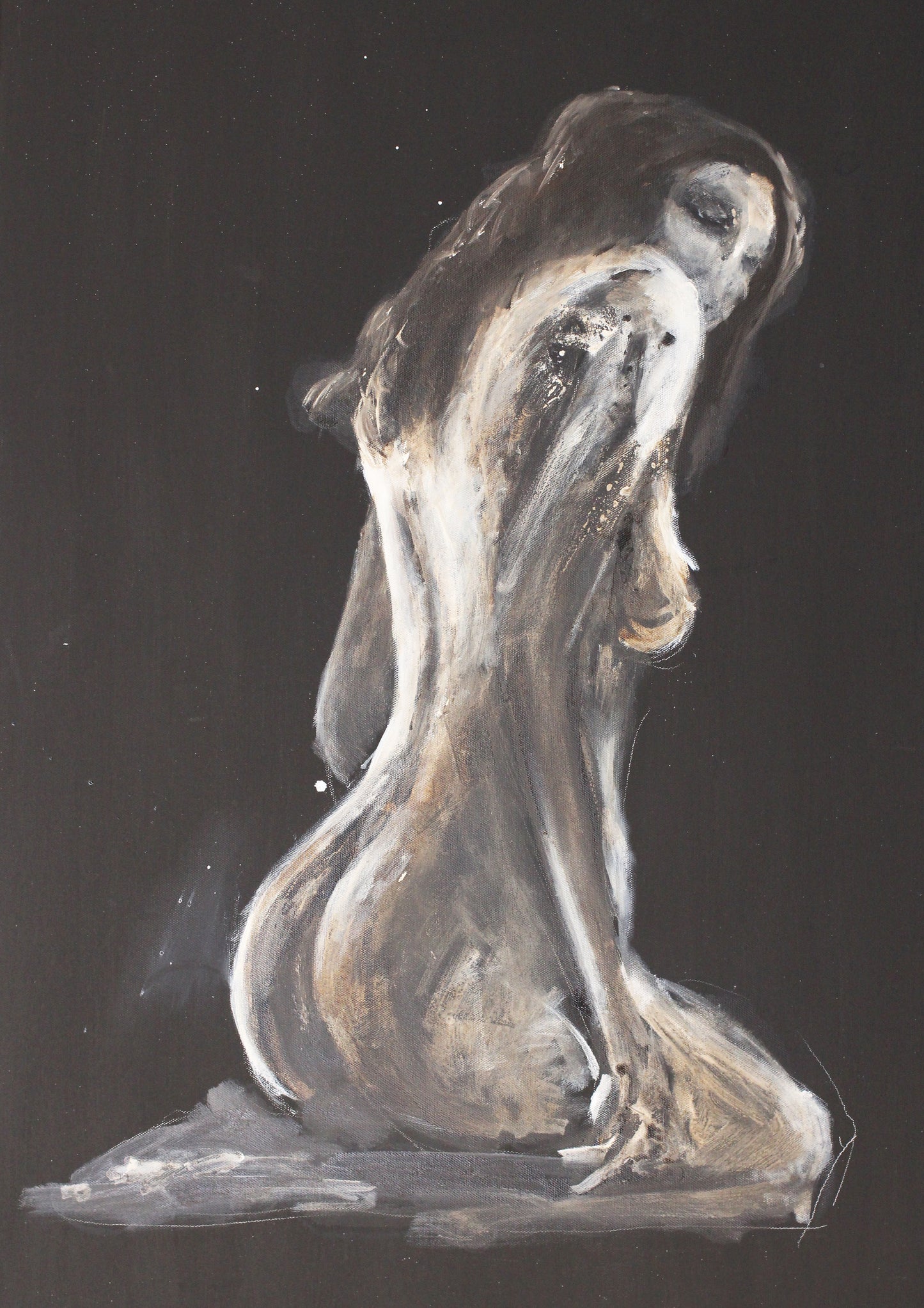 An abstract, monochromatic painting of a nude female figure kneeling with her back mostly turned to the viewer. The form is softly rendered in white, beige, and brown brushstrokes against a black background. Her posture is introspective, with her head bowed and long hair cascading over one shoulder. The figure appears delicate and contemplative, emerging from the darkness in a ghostly, expressive style.