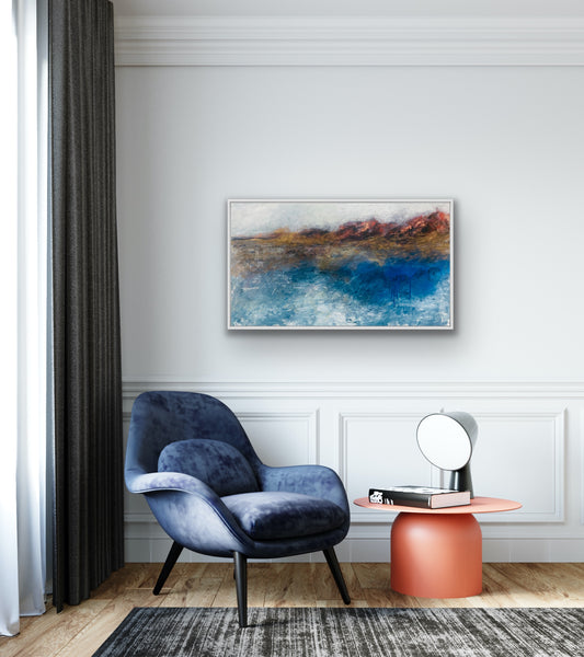 Abstract landscape painting of sea and mountains. The artwork is featured in Windsor Gallery's collection